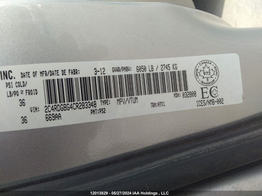 2012 Dodge Grand Caravan Se VIN: 2C4RDGBG4CR283348 Lot: 12013829