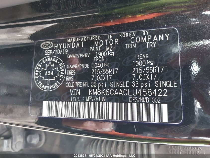 2020 Hyundai Kona Luxury Awd VIN: KM8K6CAA0LU458422 Lot: 12013837