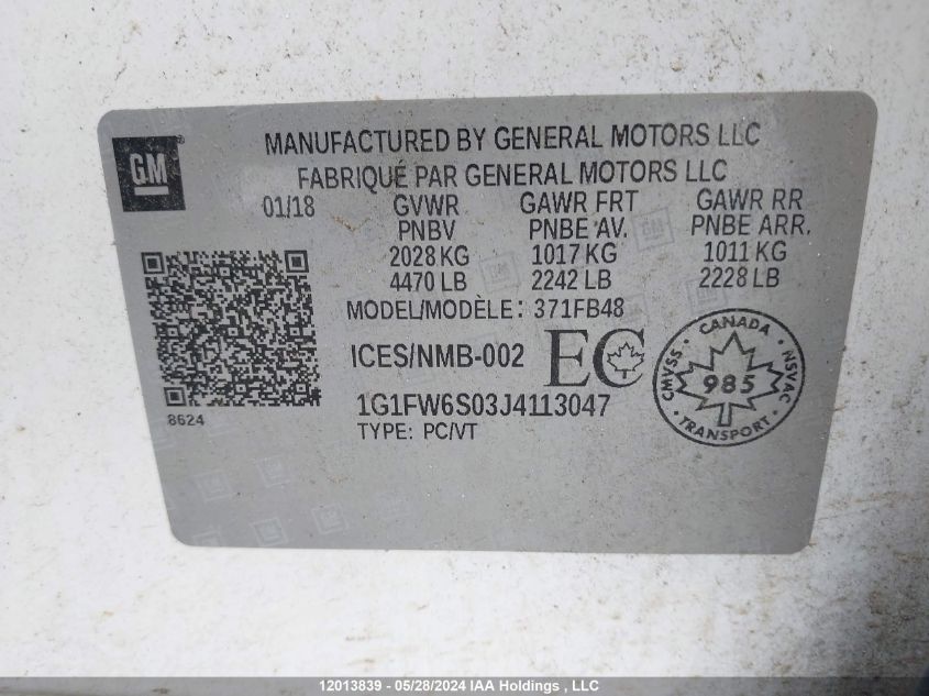 2018 Chevrolet Bolt Ev VIN: 1G1FW6S03J4113047 Lot: 12013839