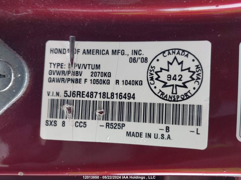 2008 Honda Cr-V VIN: 5J6RE48718L816494 Lot: 12013850