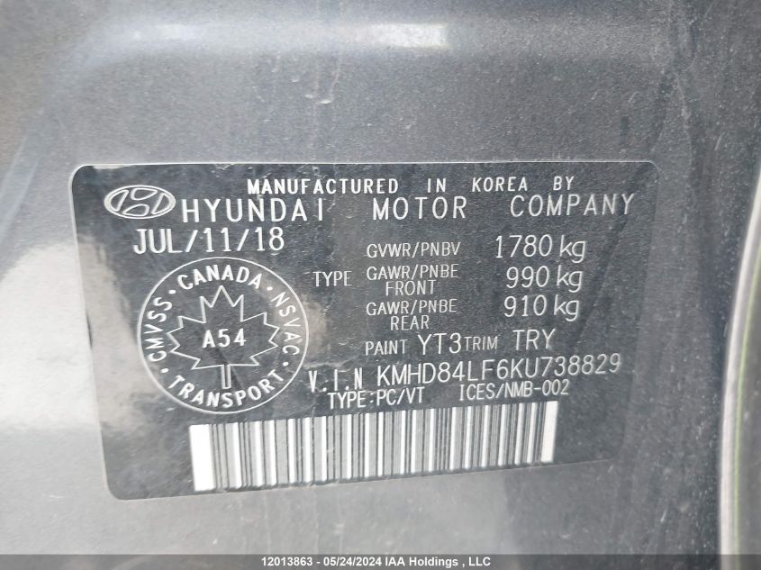 2019 Hyundai Elantra Preferred VIN: KMHD84LF6KU738829 Lot: 12013863