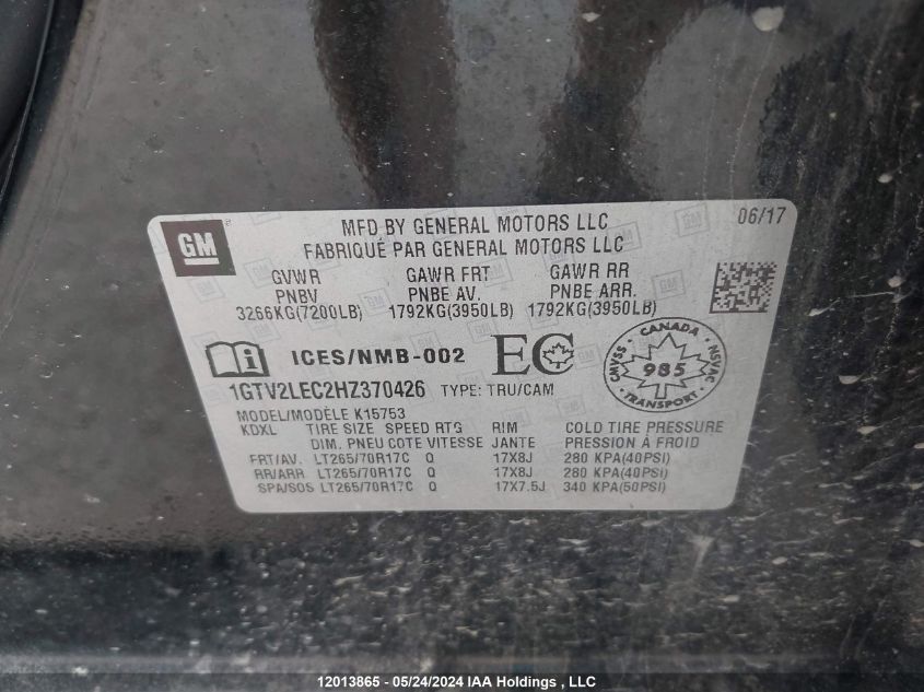 2017 GMC Sierra 1500 VIN: 1GTV2LEC2HZ370426 Lot: 12013865