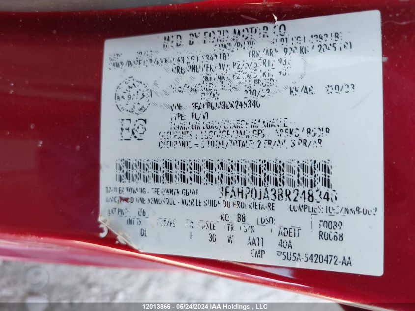 2011 Ford Fusion VIN: 3FAHP0JA3BR248340 Lot: 12013866