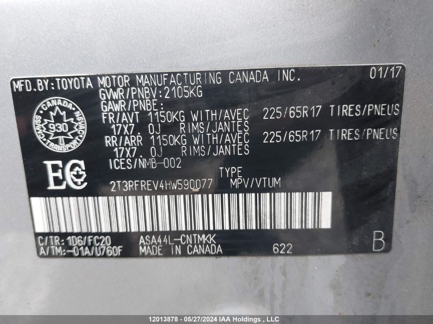 2017 Toyota Rav4 Xle VIN: 2T3RFREV4HW590077 Lot: 12013878
