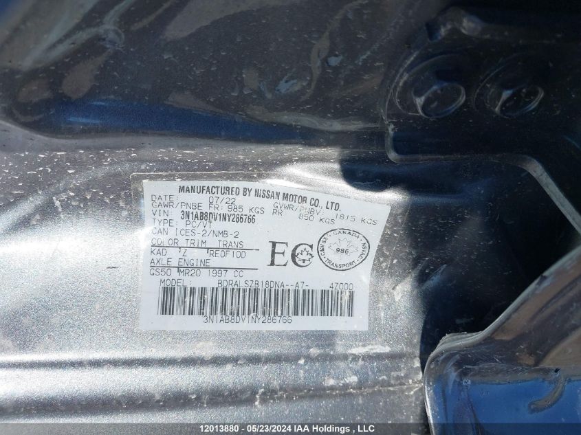 2022 Nissan Sentra VIN: 3N1AB8DV1NY286766 Lot: 12013880