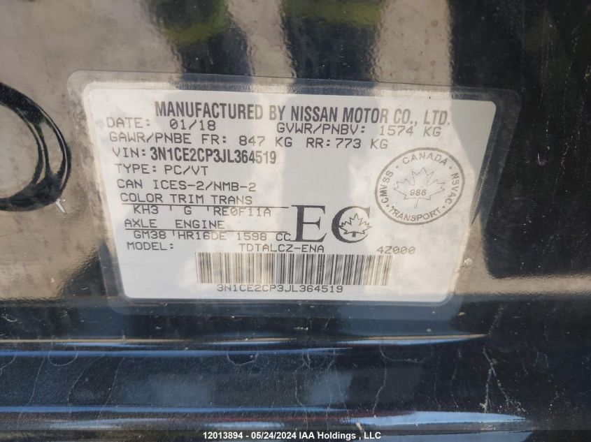 2018 Nissan Versa Note VIN: 3N1CE2CP3JL364519 Lot: 12013894