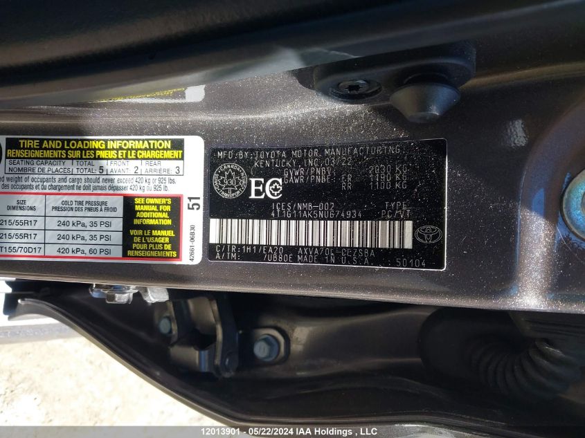 2022 Toyota Camry Se/Se Night Shade VIN: 4T1G11AK5NU674934 Lot: 12013901