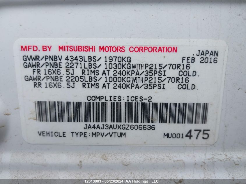 2016 Mitsubishi Rvr VIN: JA4AJ3AUXGZ606636 Lot: 12013903