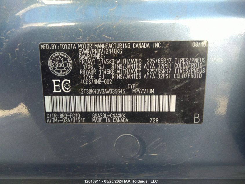 2010 Toyota Rav4 VIN: 2T3BK4DV3AW035645 Lot: 12013911