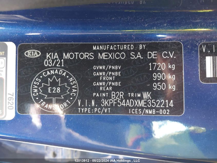 2021 Kia Forte Ex VIN: 3KPF54ADXME352214 Lot: 12013912