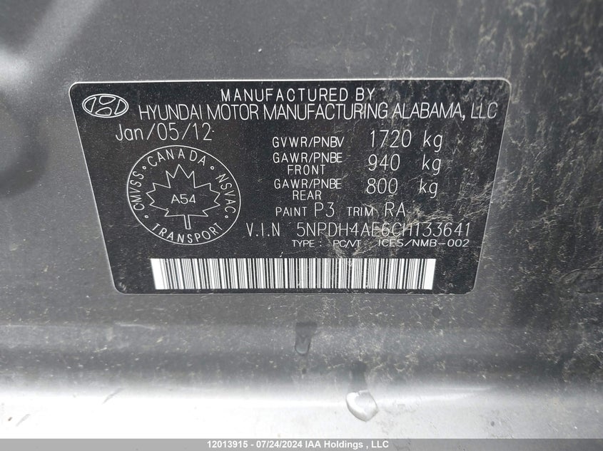 2012 Hyundai Elantra Gls/Limited VIN: 5NPDH4AE6CH133641 Lot: 12013915