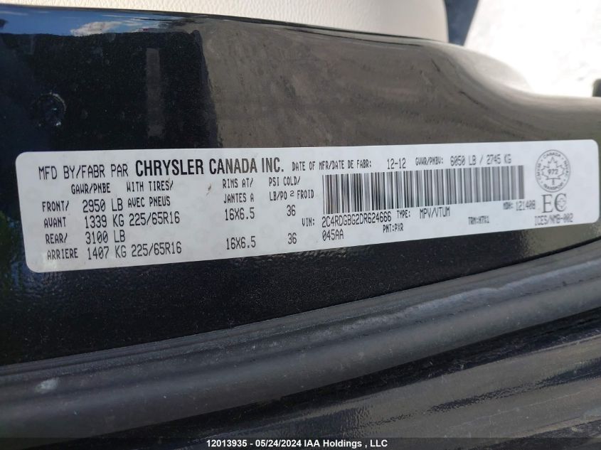 2013 Dodge Grand Caravan Se VIN: 2C4RDGBG2DR624666 Lot: 12013935