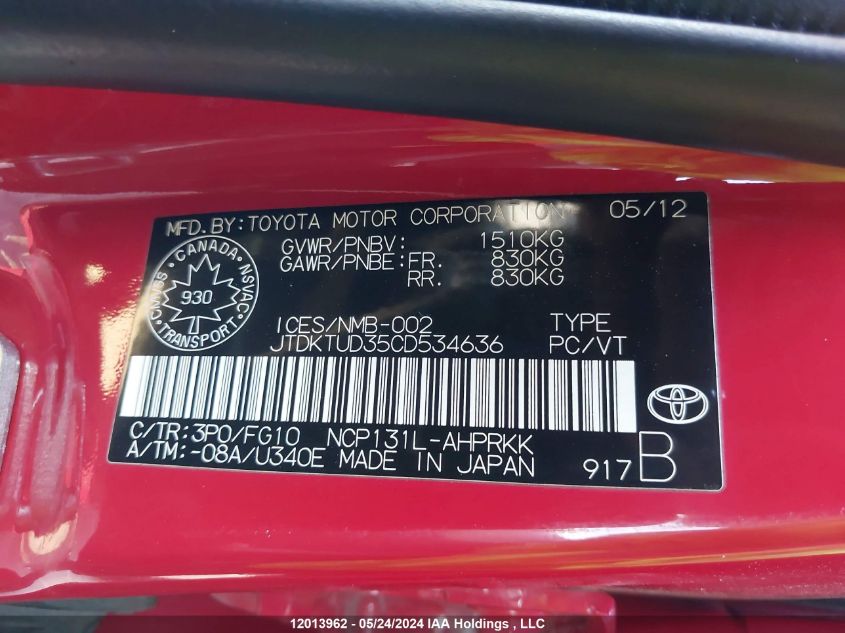 2012 Toyota Yaris Le/Se VIN: JTDKTUD35CD534636 Lot: 12013962