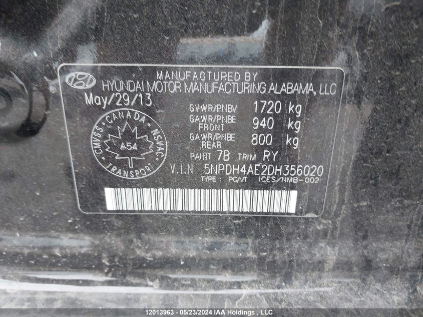 2013 Hyundai Elantra Limited VIN: 5NPDH4AE2DH356020 Lot: 12013963