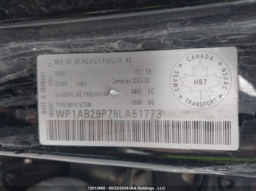 2008 Porsche Cayenne VIN: WP1AB29P78LA51773 Lot: 12013980