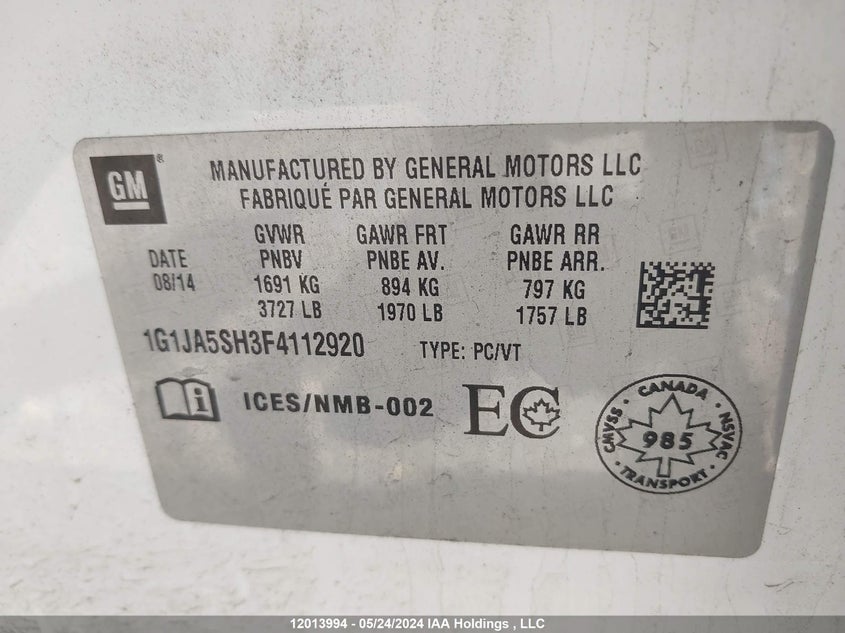 2015 Chevrolet Sonic VIN: 1G1JA5SH3F4112920 Lot: 12013994