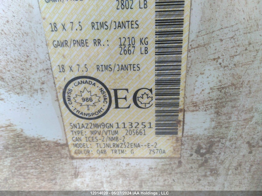 2016 Nissan Murano Sl VIN: 5N1AZ2MH9GN113251 Lot: 12014020