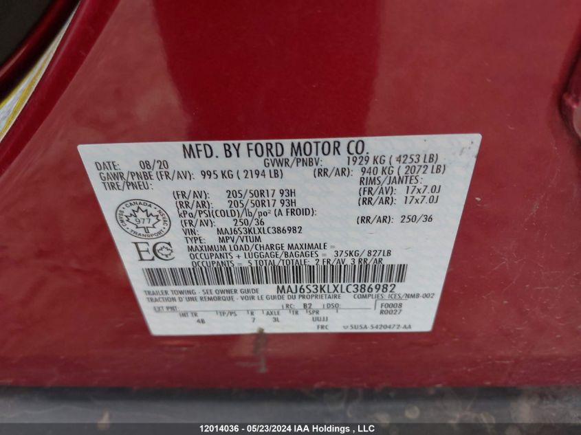 2020 Ford Ecosport Titanium VIN: MAJ6S3KLXLC386982 Lot: 12014036