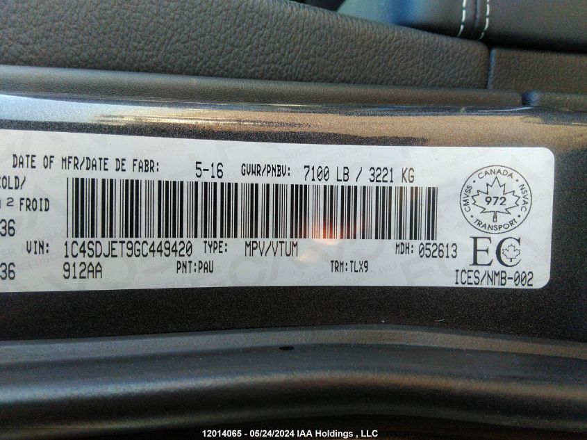 2016 Dodge Durango Citadel VIN: 1C4SDJET9GC449420 Lot: 12014065