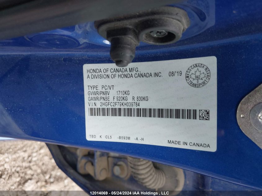 2019 Honda Civic Sedan VIN: 2HGFC2F79KH039784 Lot: 12014069