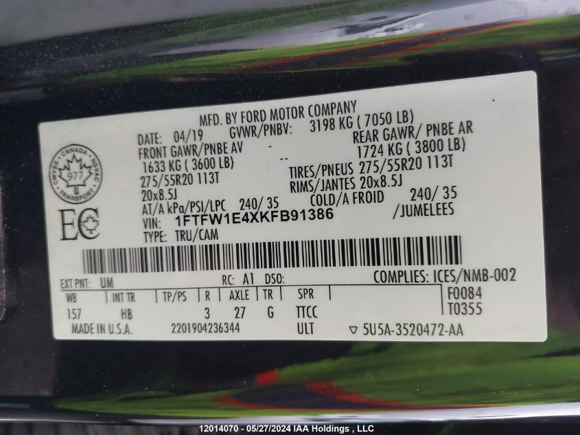 2019 Ford F-150 Lariat VIN: 1FTFW1E4XKFB91386 Lot: 12014070
