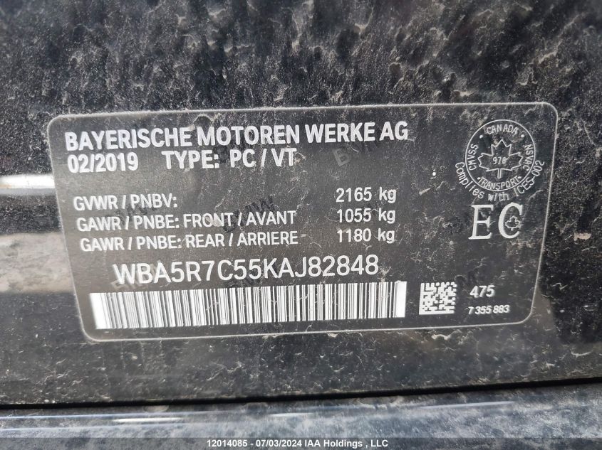 2019 BMW 3 Series VIN: WBA5R7C55KAJ82848 Lot: 12014085