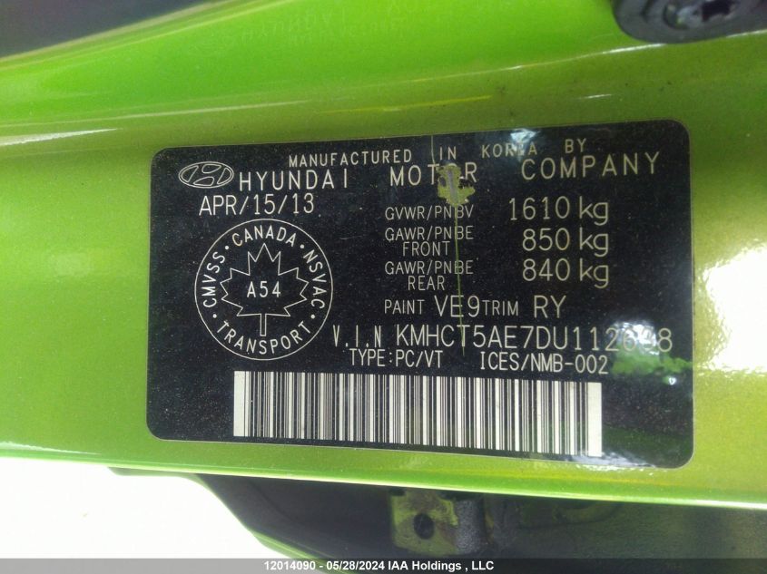 2013 Hyundai Accent Gls/Gs VIN: KMHCT5AE7DU112638 Lot: 12014090