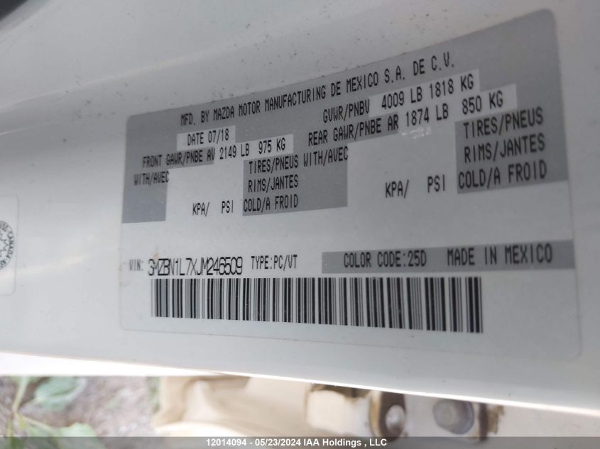 2018 Mazda 3 Touring VIN: 3MZBN1L7XJM246509 Lot: 12014094