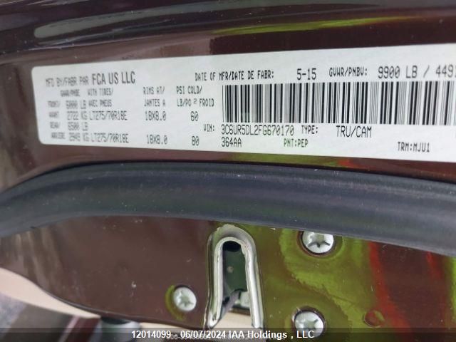 2015 Ram 2500 Slt VIN: 3C6UR5DL2FG670170 Lot: 12014099