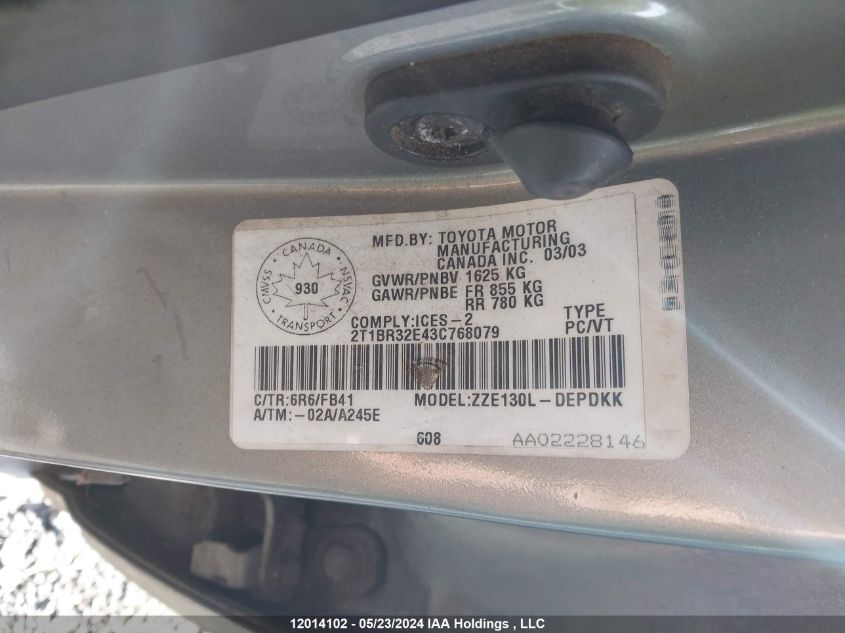 2003 Toyota Corolla VIN: 2T1BR32E43C768079 Lot: 12014102