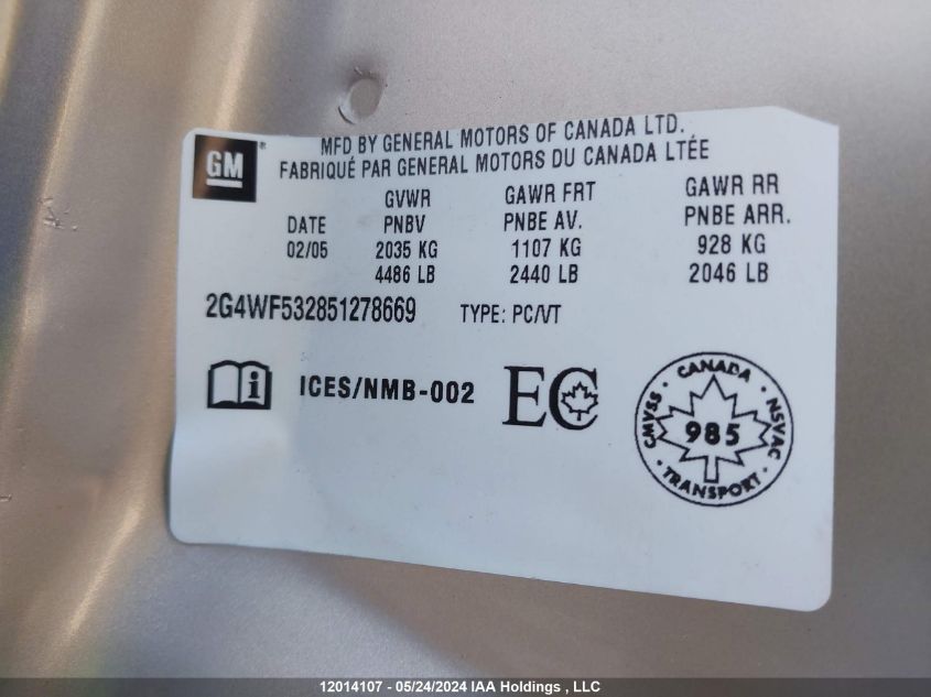 2005 Buick Allure VIN: 2G4WF532851278669 Lot: 12014107