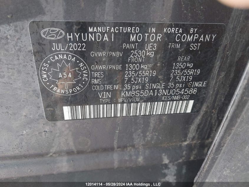 2022 Hyundai Santa Fe Luxury Hybrid Awd VIN: KM8S5DA13NU054588 Lot: 12014114