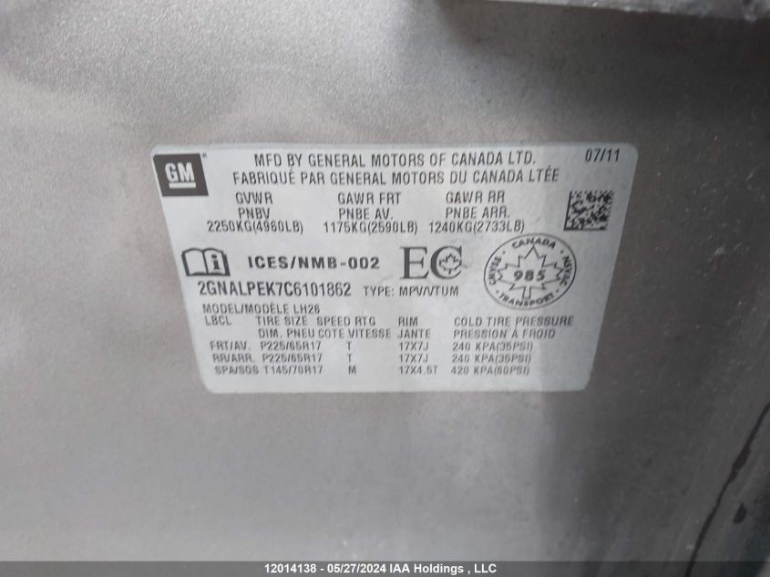 2012 Chevrolet Equinox Lt VIN: 2GNALPEK7C6101862 Lot: 12014138