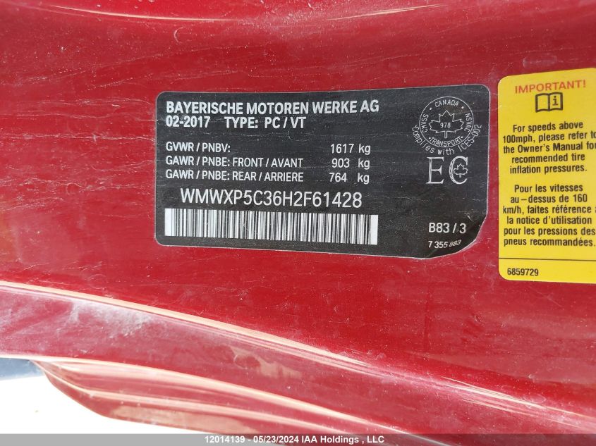 2017 Mini Cooper VIN: WMWXP5C36H2F61428 Lot: 12014139