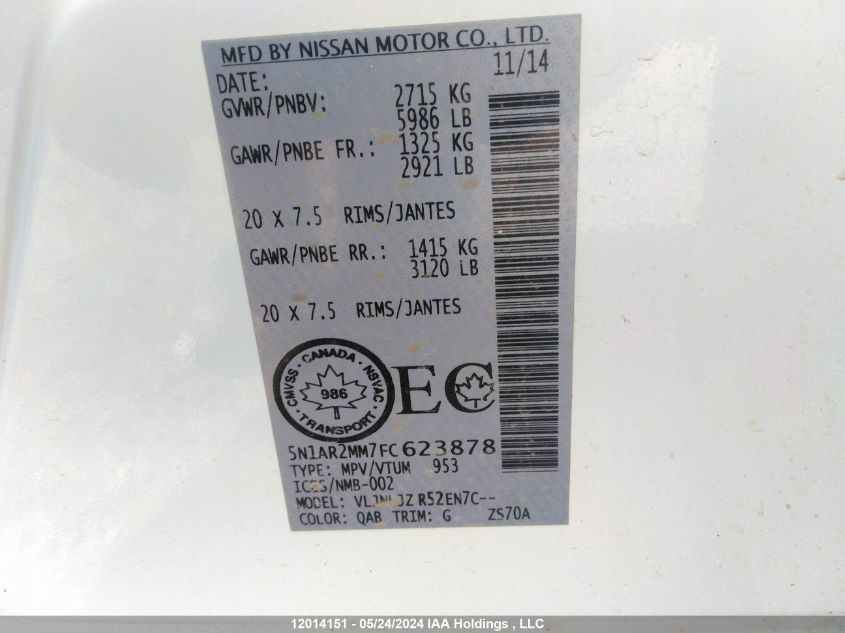 2015 Nissan Pathfinder VIN: 5N1AR2MM7FC623878 Lot: 12014151