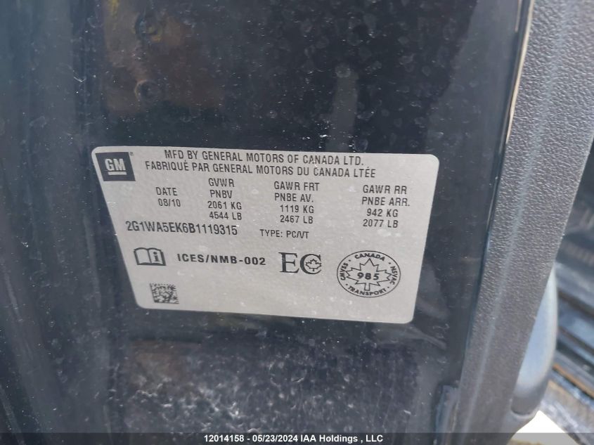 2011 Chevrolet Impala VIN: 2G1WA5EK6B1119315 Lot: 12014158
