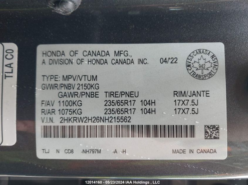 2022 Honda Cr-V VIN: 2HKRW2H26NH215562 Lot: 12014160