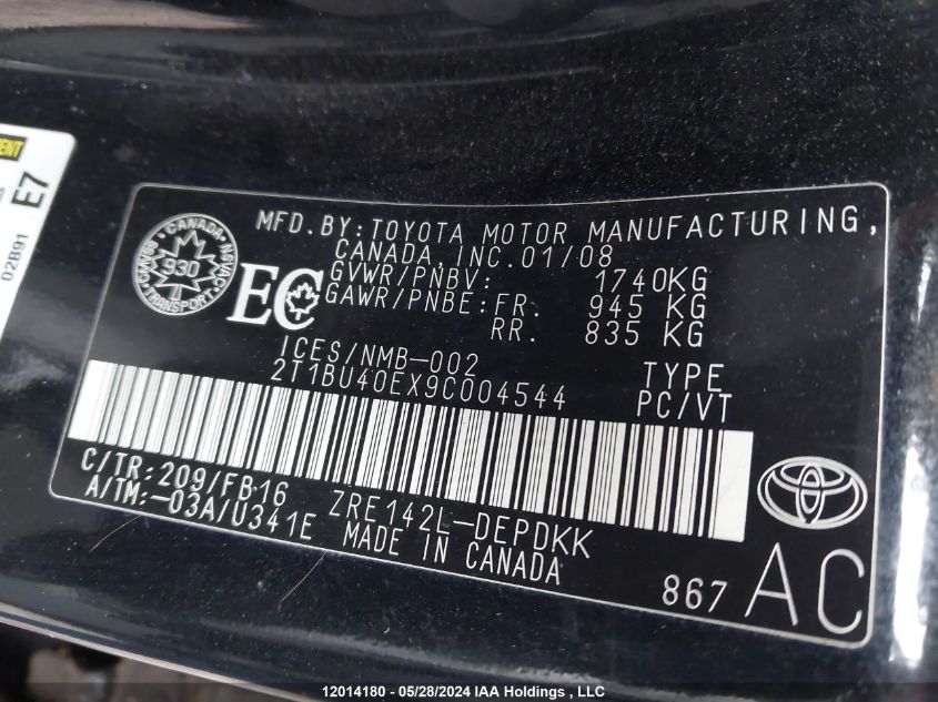 2009 Toyota Corolla Le VIN: 2T1BU40EX9C004544 Lot: 12014180