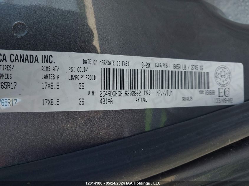 2020 Dodge Grand Caravan Gt VIN: 2C4RDGEG8LR202802 Lot: 12014186