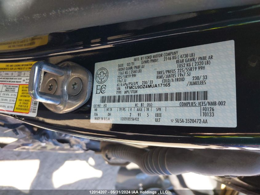 2021 Ford Escape Titanium VIN: 1FMCU9DZ4MUA17165 Lot: 12014207