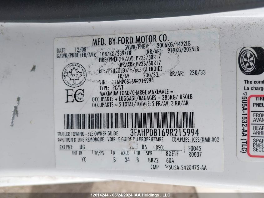 2009 Ford Fusion Sel VIN: 3FAHP08169R215994 Lot: 12014244