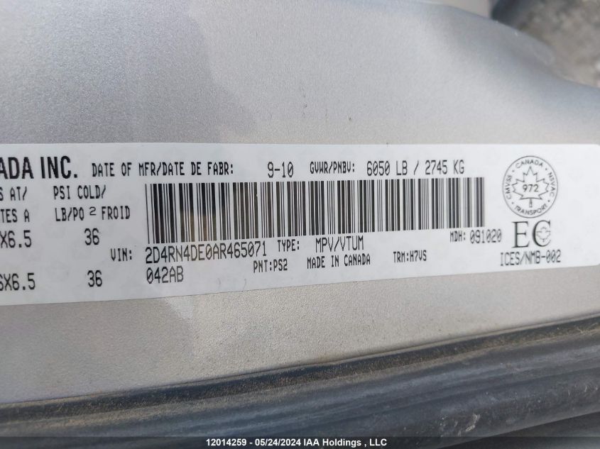 2010 Dodge Grand Caravan Se VIN: 2D4RN4DE0AR465071 Lot: 12014259