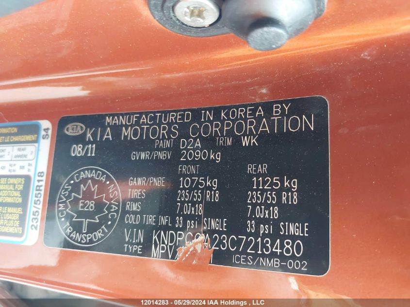 2012 Kia Sportage VIN: KNDPCCA23C7213480 Lot: 12014283