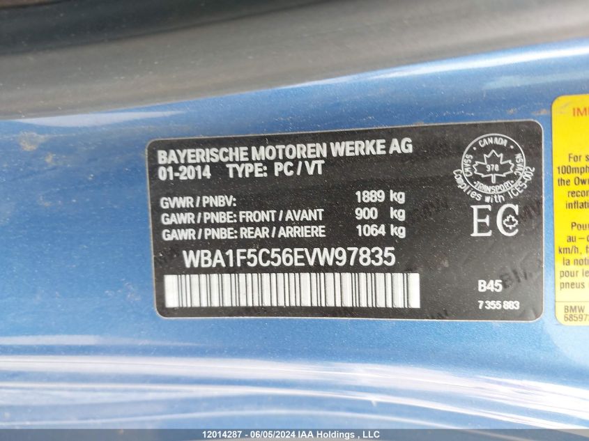 2014 BMW 2 Series VIN: WBA1F5C56EVW97835 Lot: 12014287