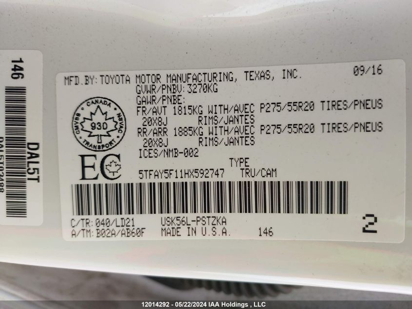 2017 Toyota Tundra Platinum 5.7L V8 VIN: 5TFAY5F11HX592747 Lot: 12014292