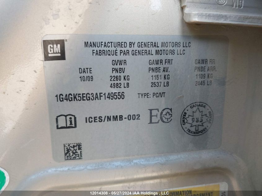 2010 Buick Allure/Lacrosse Cxl VIN: 1G4GK5EG3AF149556 Lot: 12014308