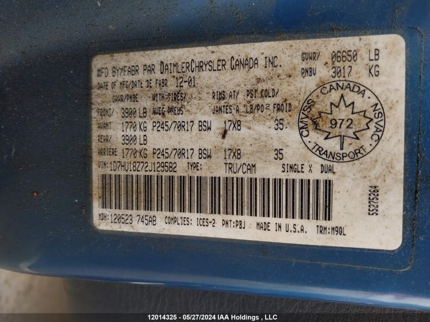 2002 Dodge Ram 1500 VIN: 1D7HU18Z72J129582 Lot: 12014325