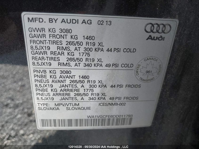 2013 Audi Q7 VIN: WA1VGCFE6DD011793 Lot: 12014328