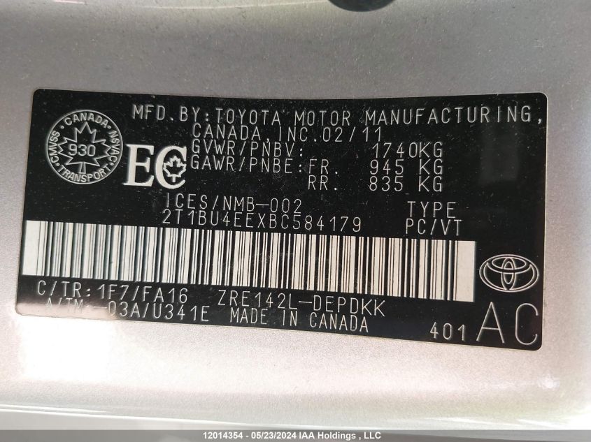 2011 Toyota Corolla S/Le VIN: 2T1BU4EEXBC584179 Lot: 12014354