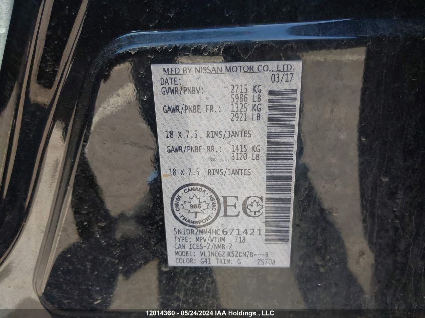 2017 Nissan Pathfinder VIN: 5N1DR2MM4HC671421 Lot: 12014360